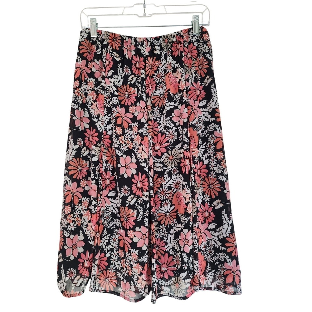 Kim Rogers Black Pink Floral Boho Lined Fairy Whimsical Pull On Skirt Womens XL